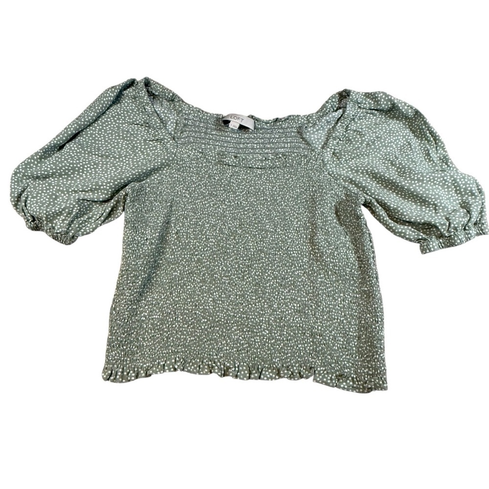 LOFT Women's Green Polka Dot Elastic waist Short sleeve shirt.  Size M